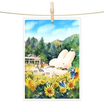 afu水彩插畫明信片 - 荒山向日園