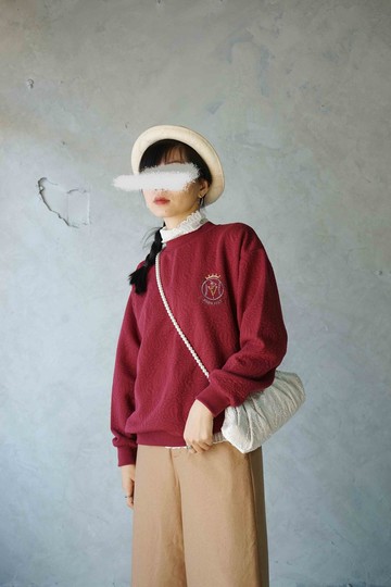 尋寶古著-魔法學院棗紅色變形蟲織紋大學T上衣