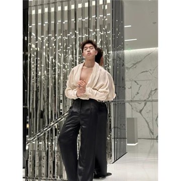 法式性感緞面青果領低胸垂墜壓褶襯衫上衣氣質優雅顯瘦長襯衣春