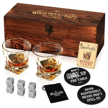 【GOFANA】Whiskey｜Mixology & Craft長型木盒威士忌禮盒12件組 / 玻璃杯x2、冰石x6、杯墊x2、卡片食譜卡x1 喬遷之禮 質感禮品 酒品