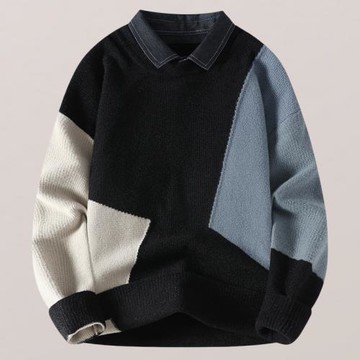 假兩件毛衣男秋冬季新款潮流寬松針織衫青年加厚保暖襯衫領打底衫