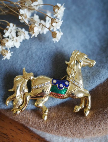 古董金色琺瑯動物馬別針胸針