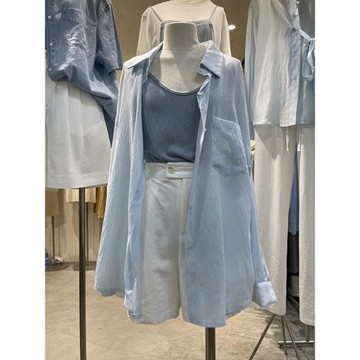 藍色天絲防曬襯衫外套女夏棉麻外搭開衫披肩罩衫小個子防曬衣上衣