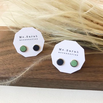 皮革耳環_圓框3號作品#6_蘋果綠配深藍(可改夾)