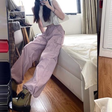 夏季薄款美式復古粉色抽繩速干工裝褲女夏天小個子運動休閑褲子夏
