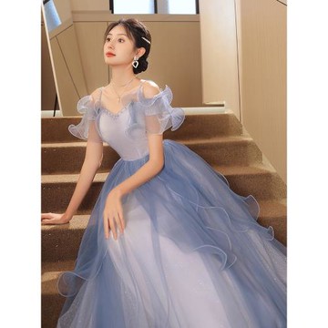 法式晚禮服女藍色輕奢小眾仙氣學生禮服藝考成人禮生日修身連衣裙