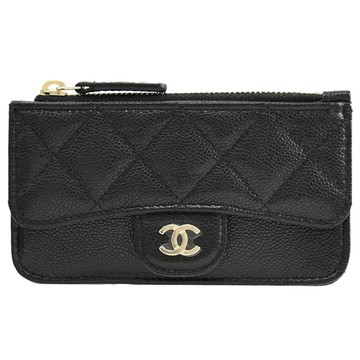 CHANEL AP2570 雙C LOGO菱格紋拉鍊卡片零錢包.黑/淡金