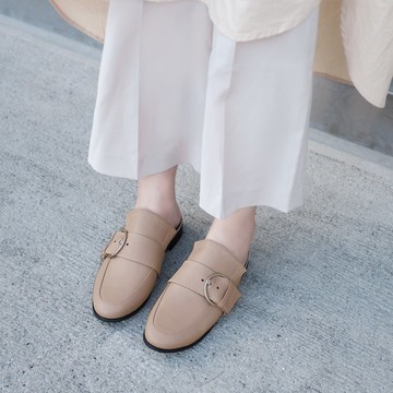 立體加高剪裁! 慵懶釦飾穆勒鞋  裸 全真皮 MIT -小麥色