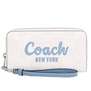 COACH CZ330 撞色印花LOGO手掛式拉鍊長夾.白/淡藍