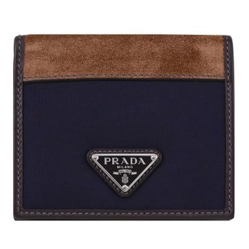 PRADA 金屬三角LOGO尼龍麂皮對開六卡短夾(深藍/棕)