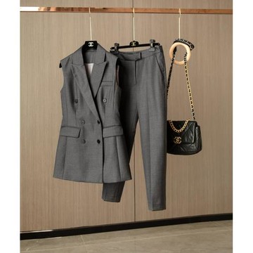 氣質精英范！春裝新款修身顯瘦時尚雙排扣高級灰絲羊毛馬甲套裝女