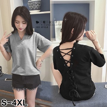 【QV3352】魔衣子-純色鏤空露背綁帶短袖上衣