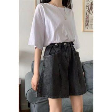 牛仔短褲 短褲 女生短褲 直通短褲 闊腿短褲 夏季韓版大碼胖mm顯瘦高腰闊腿a型女寬鬆喇叭情侶牛仔短褲