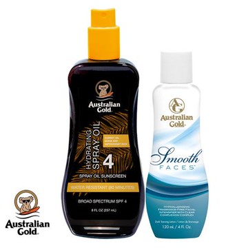Australian Gold金色澳洲【全身助曬組】臉部專用助曬乳液-室內/戶外兩用+防護胡蘿蔔助曬油SPF4