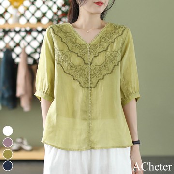 【ACheter】v領花邊刺繡寬鬆棉麻五分袖短版上衣# 113428(現貨+預購)
