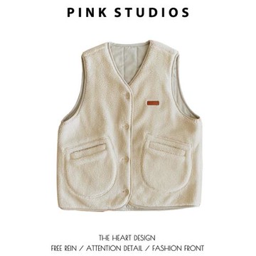 日系兩面穿羊羔毛馬甲女秋冬復古加厚保暖外搭寬松v領疊穿小坎肩