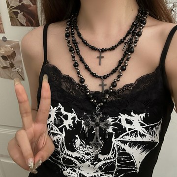 【台灣公司 可打統編】免運 跨境歐美哥特朋克風多層疊戴十字架串珠項鏈女長款時尚辣妹鎖骨鏈 可開發票 全館五折 工廠現貨直銷 新品特價 z9211