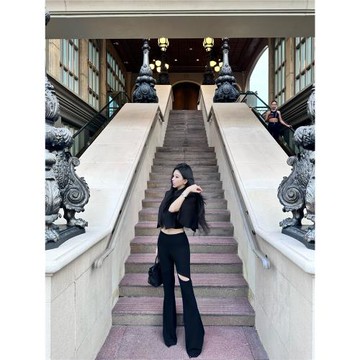 woppei 時尚百搭微喇顯瘦直筒闊腿褲黑色拉鏈破洞長褲女