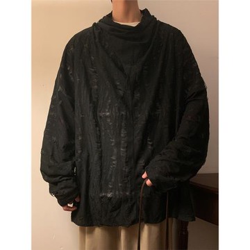 冰絲破洞t恤男長袖潮牌個性高堆領上衣秋季山本風暗黑系重磅體恤