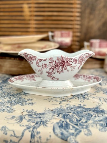 40645-浪漫法國古董Saint Amand et Hamage 粉紅花飾醬汁船