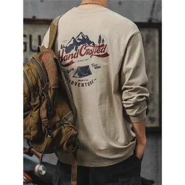 2025新款山系純棉長袖T恤男潮牌寬松大碼內搭重磅精梳棉打底衫潮