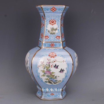 清乾隆描金琺瑯彩花鳥六方賞瓶仿古瓷器家居中式擺件古董古玩收藏1入