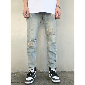 高街潮牌做舊破洞牛仔褲男 kanye街頭嘻哈潮流修身直筒刀割乞丐褲