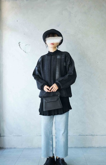 尋寶古著-個性深灰花呢皮革拼接中性羊毛毛衣