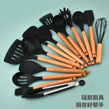 木柄硅膠廚具家用木柄廚具15件套炒菜鏟子廚房烹飪廚具