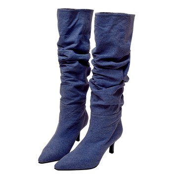 ANNSTAR 彭彭PON聯名-時髦腿精必備歐美皺摺靴6cm-牛仔藍(版型偏小)