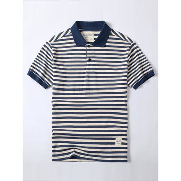 230G雙紗純棉阿美咔嘰復古情侶海魂純棉短袖撞色條紋百搭翻領T恤