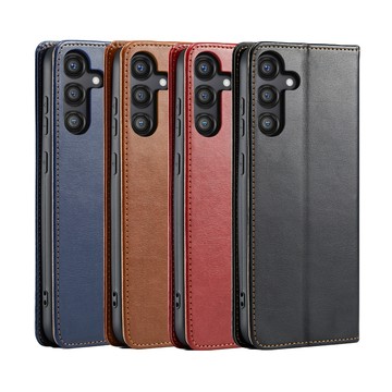Fierre Shann 真皮紋 Samsung S25 (6.2吋) 錢包支架款 磁吸側掀 手工PU皮套保護殼
