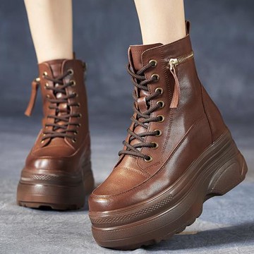 復古真皮厚底松糕短靴女2025秋冬新款坡跟馬丁靴內增高女式單靴子