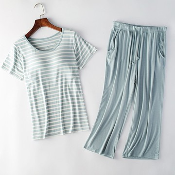 莫代爾柔軟涼感Bra T家居服-七分褲套裝-綠白條紋