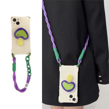 新款葡萄紫斜挎掛繩手機殼17Proma16創蘑菇伸縮粘貼式支架適用蘋果iPhone15全包防摔12簡約13撞色手腕繩14