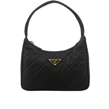 PRADA 金色三角牌Logo 菱格紋尼龍迷你手提包(黑色)