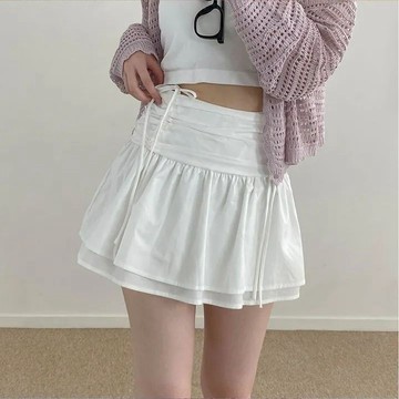 百褶裙 短裙 A字裙 裙子 女裝 百搭 白裙 高腰裙韓國chic蝴蝶結抽褶高腰半身裙2024秋季新款韓版純欲顯