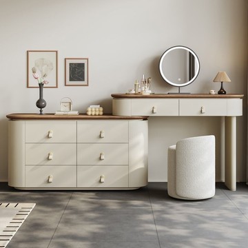 女生實木梳妝臺 化妝桌子收納儲物柜子一體式 家用臥室可伸縮轉角式化妝桌 六斗柜熱賣奶油ins風儲物櫃