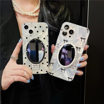 羽紗黑蝴蝶結鏡子手機殼iPhone17/16promax軟殼蘋果15pro小眾波點保護殼新款羽毛紋適用13/14軟殼17air高級感