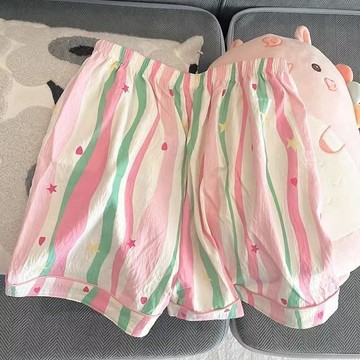 台灣出貨 夏季條紋睡褲短褲碎花短褲棉感顯瘦學生休閒寬鬆運動褲子家居遛彎 居家短褲 睡褲 單件睡褲 休閒運動短褲 家居褲子