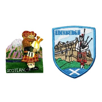 A-ONE 匯旺 英國蘇格蘭笛冰箱磁鐵 + 英國愛丁堡蘇格蘭笛蘇格蘭裙袖標2件組  英國蘇格蘭笛 + 愛丁堡蘇格蘭笛蘇格蘭裙  2.28 x 2.52 inches