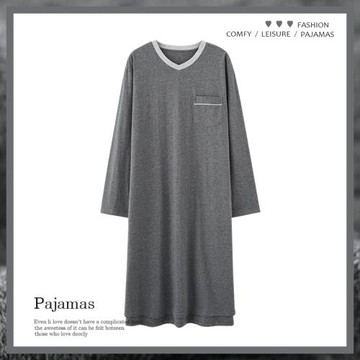 俞兆林夏款長袖男士一體式睡衣春秋季純棉睡裙男人寬松薄款家居裙