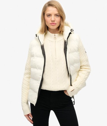 Superdry Women's Cable Knit Sleeve Hybrid Jacket White Size: 10