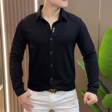 秋季時尚長袖襯衫男士青年新款翻領T恤輕奢薄款抖音爆款彈力上衣