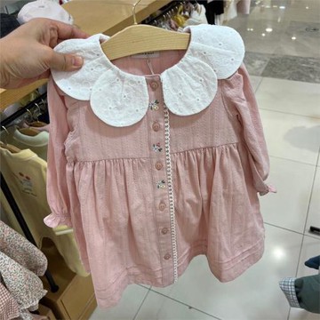 美炸了 韓國童裝24夏新款女童刺繡花瓣領長袖連衣裙 韓范襯衣裙子