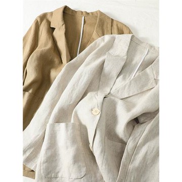 法式高級感棉麻西裝外套女春秋款寬松顯瘦休閑長袖亞麻小西服上衣