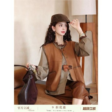 陳佳潔【復古回信】焦糖色PU皮拼接馬甲女2026秋季工裝風無袖外套
