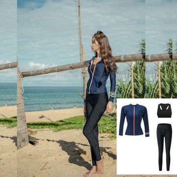 Biki比基尼妮，M-XL韓京拉鍊三件式水母衣褲泳衣腰身衝浪泳裝-多色(外套+奶+長褲)