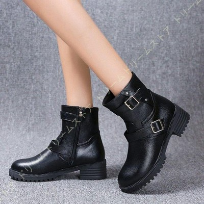 ブーツ レディース ショートブーツ エンジニアブーツ 厚底ブーツ バックルベルト 太ヒール 黒 ワークブーツ バイク用ブーツ ぺたんこ 疲れない 通販 Lineポイント最大get Lineショッピング
