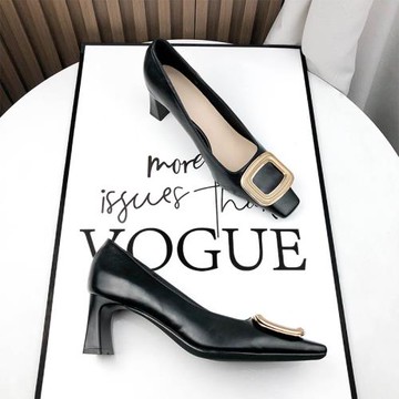 黑色職業工作高跟鞋女軟皮2025年新款春秋季法式氣質方頭粗跟單鞋